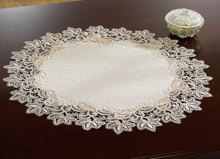 Tafellakens - Elegante kamerdecoratie met tweekleurig macramékant, in Größe 100 (loper, 30 x 60 cm) bis 404 (Kussensloop, 40 x 40 cm), in Farbe CRÈME Ansicht 1