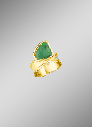 Damesring met echte ruwe smaragd en diamant