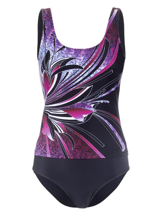 Tankinis - Tankini met geplaatst printontwerp en zachte cups, in Größe 038 bis 052, in Cup C, in Farbe ZWART-BESSEN Ansicht 1