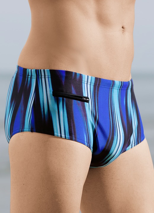 - Schwab zwembroek met hoge slipvorm, met zakje met ritssluiting, in Größe 004 bis 010, in Farbe ZWART-BLAUW