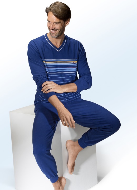 Pyjama's - Pyjama met V-hals en stretchband, in Größe 046 bis 062, in Farbe INDIGO-MEERKLEURIG