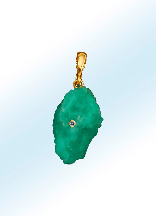 Hangers - Kettinghanger met 1 briljant en grote ruwe smaragd, in Farbe