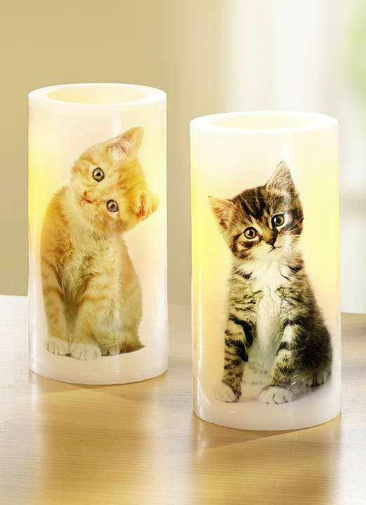 - LED-kaarsen, set van 2, met kattenmotieven, in Farbe WIT