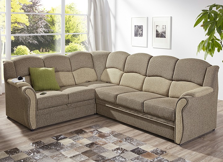 - Gestoffeerde hoek op stabiel, deels massief houten basisframe, in Farbe CAMEL-BEIGE
