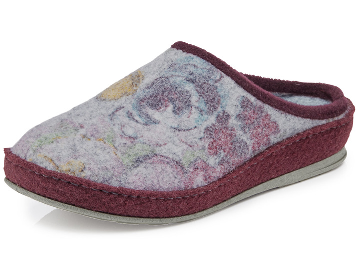 Huisschoenen - Slippers met een subtiele bloemenprint, in Größe 036 bis 043, in Farbe LICHTGRIJS-BORDEAUX Ansicht 1