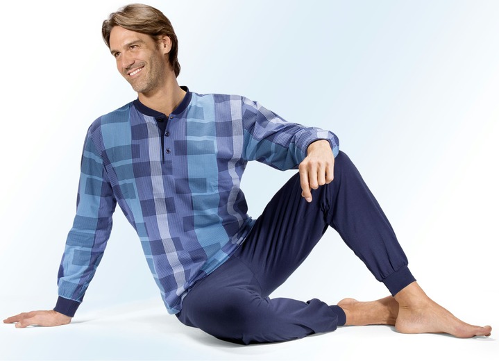 Pyjama's - Pyjama met knoopsluiting, ruitjespatroon en boorden, in Größe 048 bis 068, in Farbe MARINE Ansicht 1