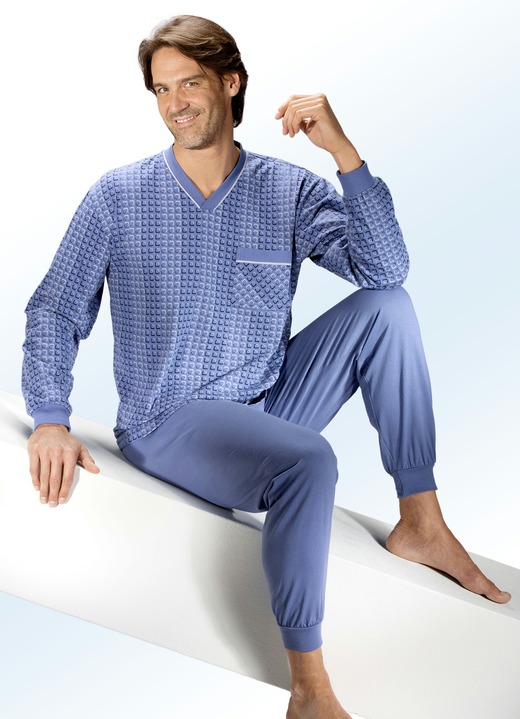 Pyjama's - Pyjama met V-hals, borstzak en boorden, in Größe 048 bis 068, in Farbe JEANSBLAUW-MEERKLEURIG