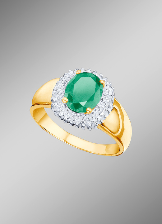 Ringen - Damesring met smaragd en diamanten, in Größe 160 bis 220, in Farbe