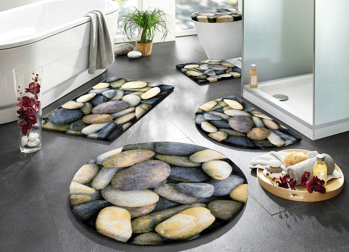 - Badmattenset, kiezelstenen, in Größe 100 (Matje, halfrond 50/80 cm) bis 112 (Motief-toiletdekselafdekking met touwtje, 47/ 50 cm), in Farbe GRIJS
