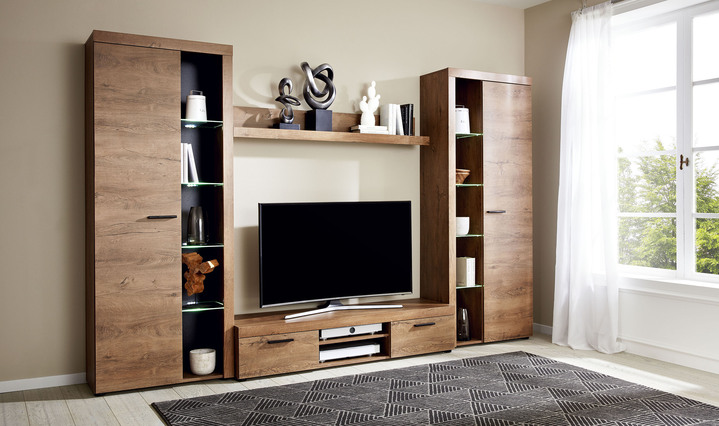 Woonwanden - Moderne woonwand met glazen legplanken, in Farbe EIK SONOMA