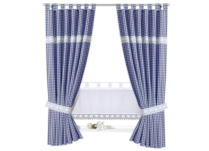 - Overgordijn met gehaakte boord, in Größe 340 (H 125 x B 65 cm) bis 899 (1 embrasse, 60 cm), in Farbe BLAUW-WIT, in Ausführung met lussen