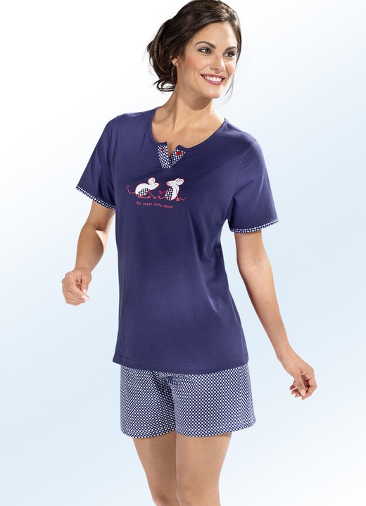 Pyjama's & shorties - Shortama met korte mouw en plaatste print, in Größe 034 bis 050, in Farbe NAVY-WIT