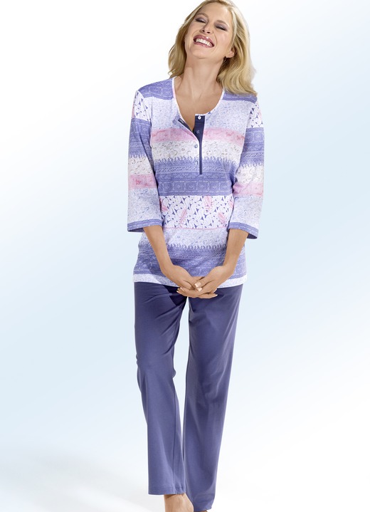 Pyjama's & shorties - Pyjama, met 3/4e mouwen, knopenlijst en mooie print, in Größe 036 bis 054, in Farbe WIT-BLAUW Ansicht 1