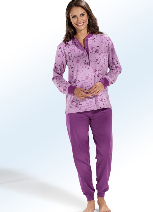 Pyjama's & shorties - Pyjama met lange mouwen, een knoopsluiting en manchetten, in Größe 036 bis 054, in Farbe MAGNOLIA-MEERKLEURIG