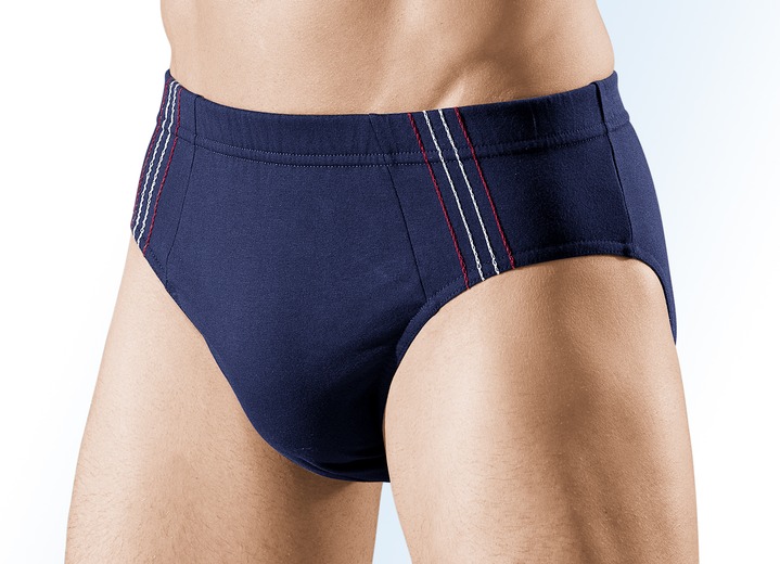 Slips & Unterhosen - Viererpack Slips, uni mit seitlichen Kontrasten, in Größe 004 bis 010, in Farbe 2X MARINE-ROT-ECRU, 2X MARINE-ORANGE-TÜRKIS Ansicht 1