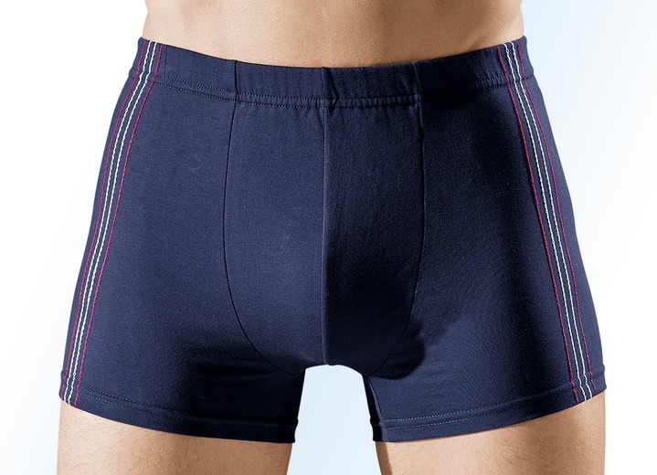 Pants & boxershorts - Set van vier boxershorts, effen met contrasterende zijkant, in 2 kleurcombinaties, in Größe 004 bis 011, in Farbe 2X MARINE-ROOD-ECRU, 2X MARINE-ORANJE-TURKOOIS Ansicht 1