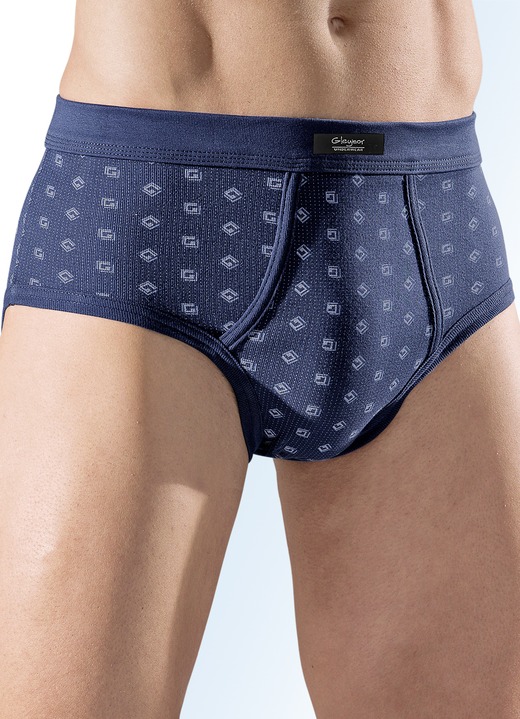 Slips & broeken - Set van zes slips van fijne ribstof met bont dessin, in Größe 005 bis 011, in Farbe 3x MARINE-MEERKLEURIG, 3x LICHTBLAUW-MEERKLEURIG