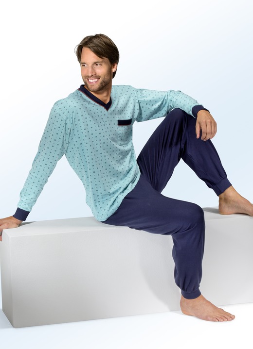 Pyjama's - Pyjama met V-hals, borstzak en manchetten, in Größe 048 bis 064, in Farbe MARINE-TURQUOISE