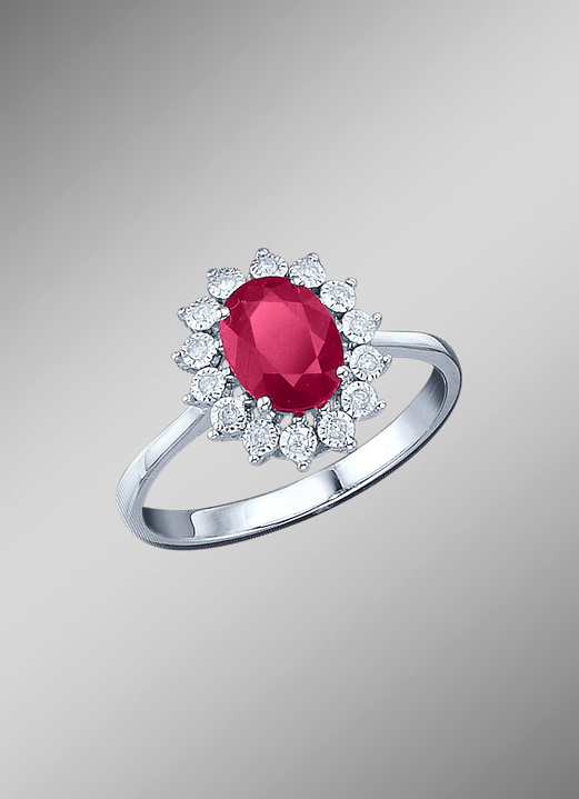 Ringen - Majestueuze damesring met diamanten en echte robijn, in Größe 160 bis 220, in Farbe
