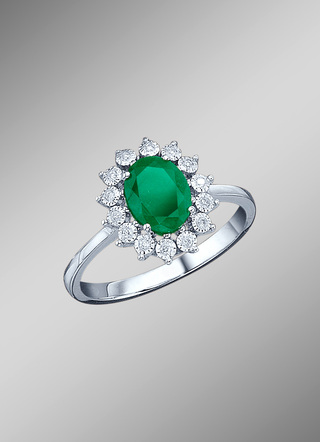 Majestueuze damesring met diamanten en echte smaragd