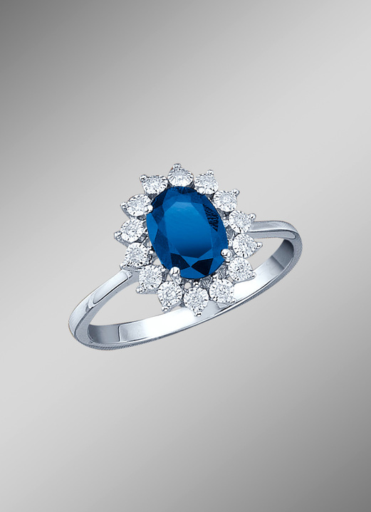 Ringen - Majestueuze damesring met diamanten en echte saffier, in Größe 160 bis 220, in Farbe