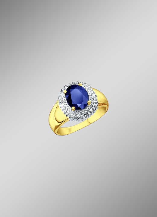 Ringen - Massieve damesring met diamanten en echte blauwe saffier, in Größe 160 bis 220, in Farbe  Ansicht 1