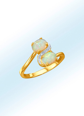 Damesring met echte opalen en diamanten