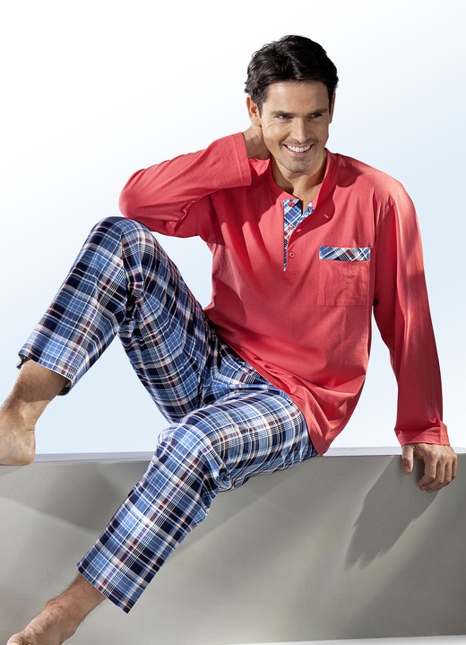 Pyjama's - Pyjama met knoopsluiting, opgezet borstzakje en ruitjesdessin, in Größe 046 bis 060, in Farbe LICHTGRIJS M.-BLAUW