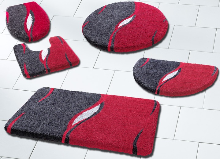 - Beddengoedset in extra zachte kwaliteit, in Größe 100 (Matje, halfrond 50/80 cm) bis 112 (Motief-toiletdekselafdekking met touwtje, 47/ 50 cm), in Farbe GRIJS-ROOD