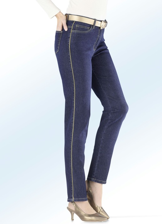 Broeken - Stijlvolle jeans met glansgaren paspels, in Größe 017 bis 088, in Farbe DONKERBLAUW Ansicht 1