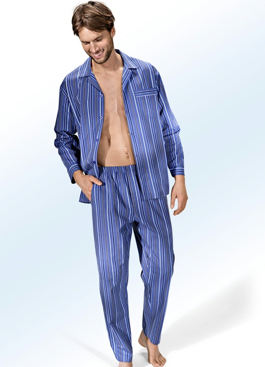 Pyjama's - Pyjama, met doorlopende knopen, van geweven stof, met streepmotief, in Größe 046 bis 060, in Farbe JEANSBLAUW-MEERKLEURIG Ansicht 1