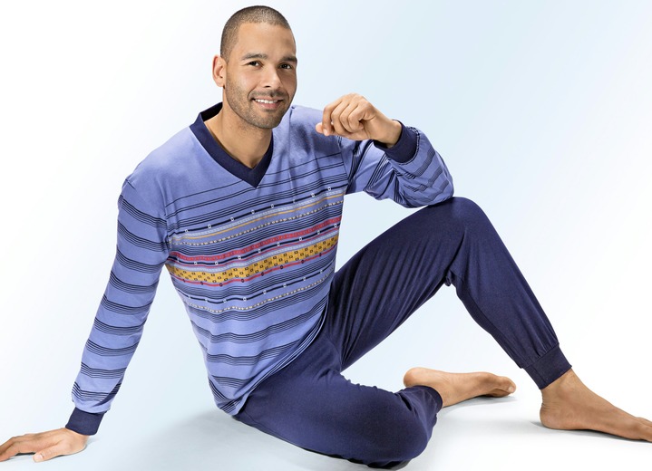 Pyjama's - Pyjama met V-hals, boorden en geplaatst printdessin, in Größe 046 bis 106, in Farbe JEANSBLAUW-MEERKLEURIG