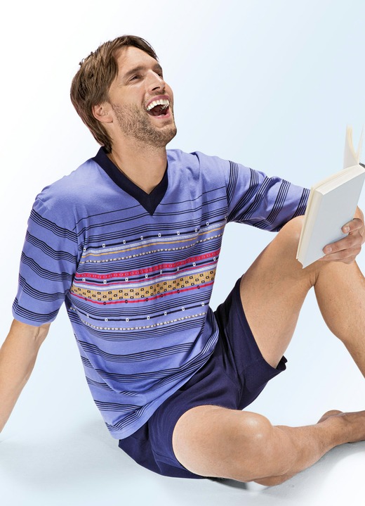 Shorties - Shorty met V-hals en geprint motief op de voorkant, in Größe 046 bis 062, in Farbe JEANSBLAUW-MEERKLEURIG Ansicht 1