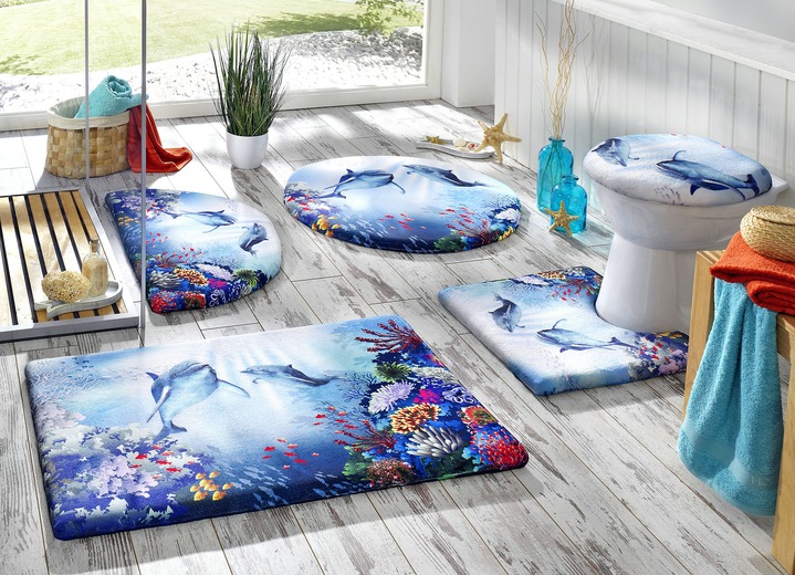 - Badkamerset met dolfijnenmotief en CLOUD-STEP FUNCTIE, in Größe 100 (Matje, halfrond 50/80 cm) bis 112 (Motief-toiletdekselafdekking met touwtje, 47/ 50 cm), in Farbe BLAUW