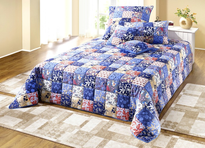 Spreien - Katoenen spreien en kussenovertrekken in patchwork-look, in Größe 873 (voor eenpersoonsbed, 140 x 210 cm ) bis 926 (Kussensloop, 80 x 80 cm), in Farbe BLAUW Ansicht 1
