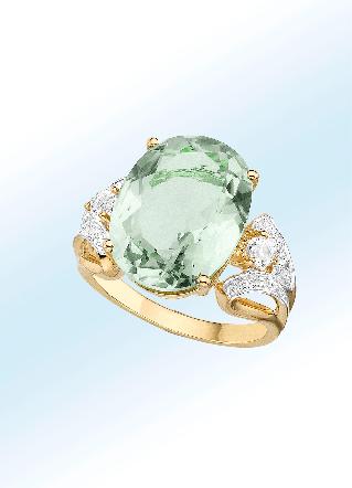 Damesring met groene amethist, witte topaas en diamanten