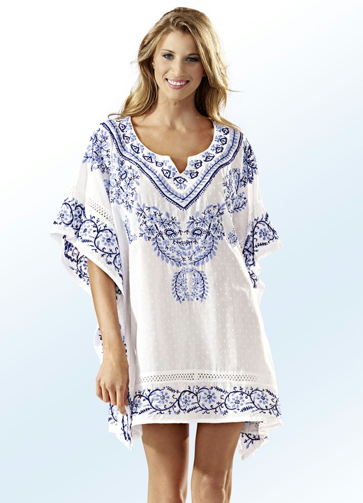 Bad- & strandmode - Tuniek van katoen met borduursels, in Größe 1 (36-42) bis 3 (50-54), in Farbe WIT-BLAUW
