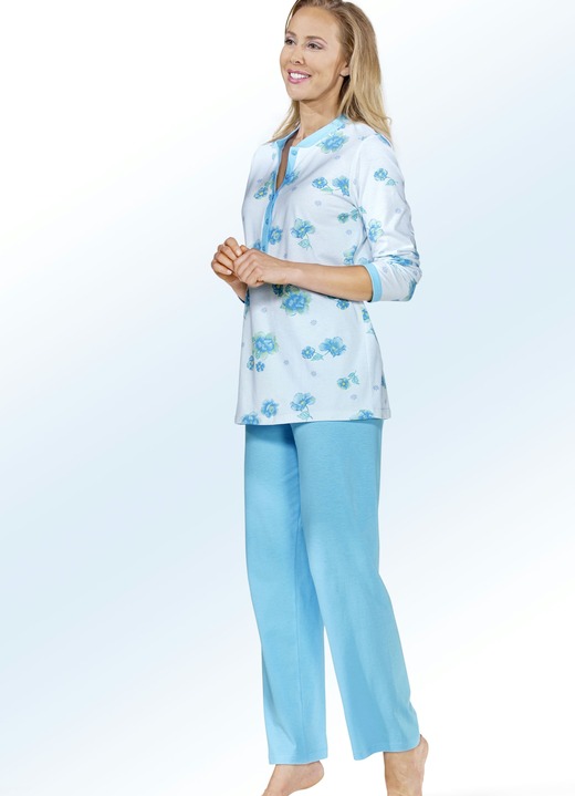 Pyjama's & shorties - Pyjama, lange mouwen met knoopsluiting, in Größe 036 bis 056, in Farbe TURQUOISE-MEERKLEURIG Ansicht 1