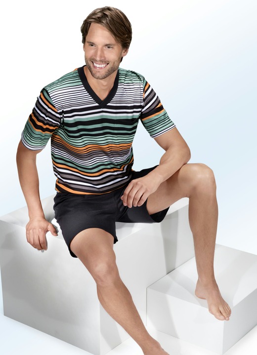 Shorties - Shorty met V-hals, borstzak en gestreept design, in Größe 046 bis 060, in Farbe GROEN-ORANJE-ZWART Ansicht 1