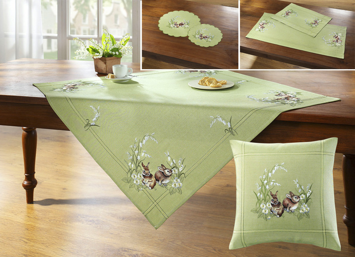 Tafellakens - Tafel- en kamerdecoratie met bloemen- en grazers-motieven, in Größe 101 (Kleedje, 35/50 cm) bis 404 (Kussensloop, 40/40 cm), in Farbe GROEN