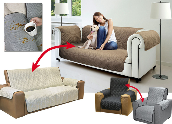 - OMKEERBARE BESCHERMER VOOR FAUTEUIL OF BANK, in Größe 875 (Fauteuilbeschermer, 170 x 190 cm) bis 895 (Sofadeken, 290 x 190 cm), in Farbe BEIGE-BRUIN Ansicht 1