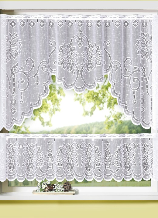 Korte gordijnen - Raamset met 2-delige roede doorvoer, in Größe 309 (75 x 100 + 28 x 100 cm) bis 315 (75 x 150 + 28 x 150 cm), in Farbe WIT