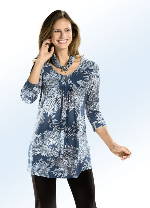 3/4-mouw - Lang shirt met all-over dessin in 3 kleuren, in Größe 038 bis 056, in Farbe ROOKBLAUW Ansicht 1