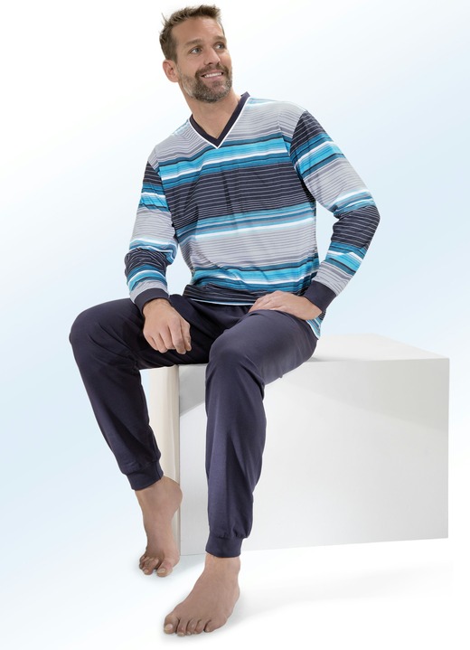 Pyjama's - Pyjama met streepjesmotief, V-hals en borstzakje, in Größe 046 bis 062, in Farbe GRIJS-TURKOOIS-BLAUW-WIT Ansicht 1