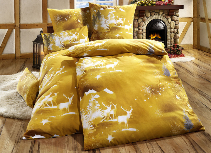 - Beddengoedset in zachte beaverteen kwaliteit, in Größe 111 (40/80 cm + 135/200 cm) bis 115 (80/80 cm + 155/220 cm), in Farbe GOUD