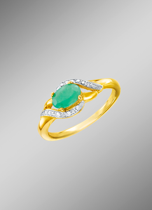 Ringen - Damesring met smaragd en diamanten, in Größe 160 bis 220, in Farbe