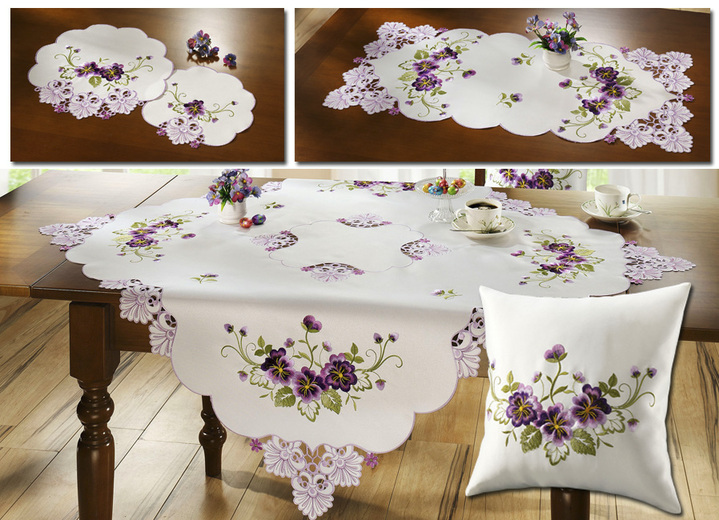 Tafellakens - Tafel- en kamerdecoratie met bloemen en kantlook, in Größe 102 (Loper, 40/85 cm) bis 404 (Kussensloop, 40/40 cm), in Farbe SEKT