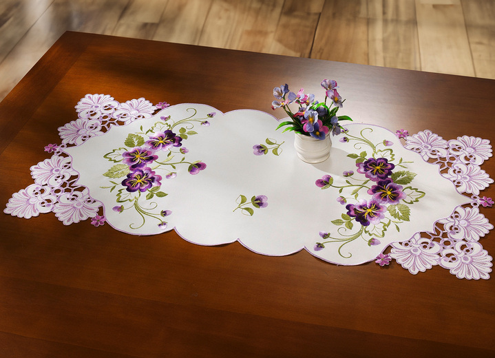 Tafellakens - Tafel- en kamerdecoratie met bloemen in kantlook, in Größe 102 (Loper, 40/85 cm) bis 404 (Kussensloop, 40/40 cm), in Farbe SEKT Ansicht 1