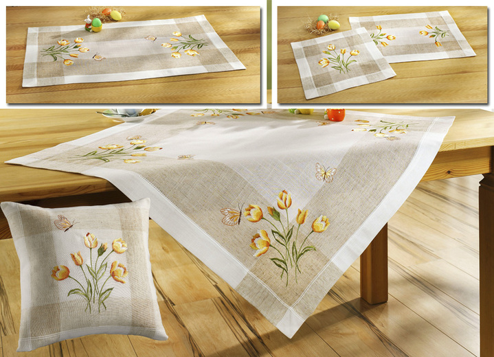 Tafellakens - Tafel- en kamerdecoratie met tulpen en vlinders, in Größe 102 (Loper, 40/85 cm) bis 404 (Kussensloop, 40/40 cm), in Farbe SEKT
