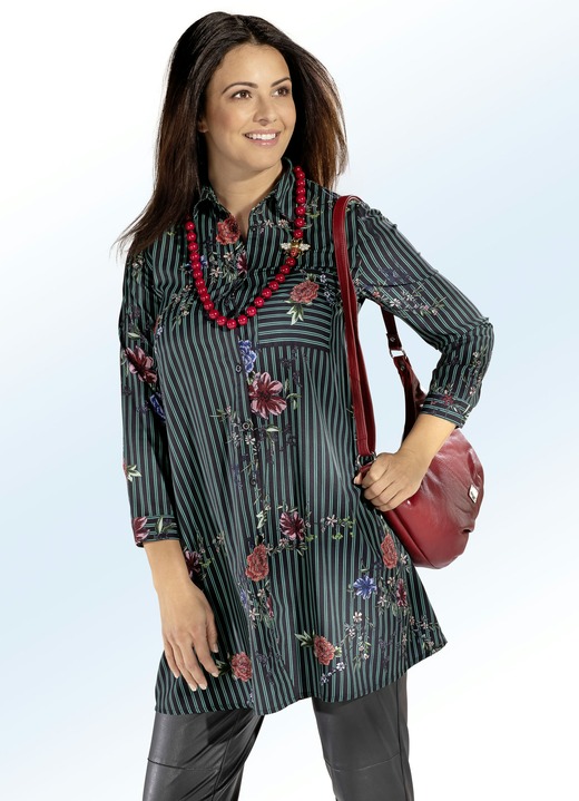 - Lange blouse met overhemdkraag, in Größe 036 bis 054, in Farbe ZWART-MEERKLEURIG